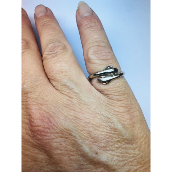 Estate Sterling Silver 925 Hug Ring Size 5.5 Embrace Hands Adjustable Band - Picture 6 of 10